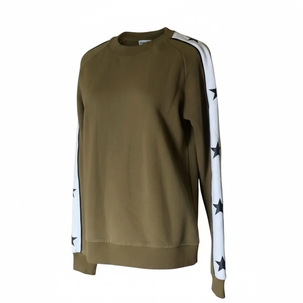ELLANDEMM Crewneck Sweatshirt White Stripes Black Star Sleeve Detail Olive Green